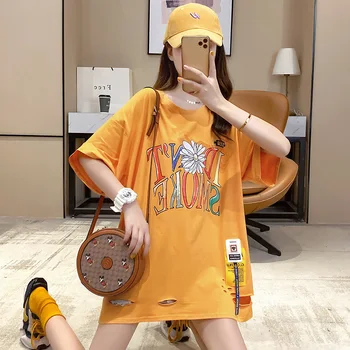 #0784 Alb Roz Galben Lungi T-Shirt Femei Mâneci Scurte De Bumbac Vrac Casual Harajuku Hip Hop Tricou Femei Găuri De Vară