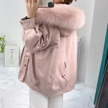 2020 Moda Geaca de Iarna Femei Haină de Blană Naturală de Vulpe Guler de Blană Lung Liber Hanorace, Îmbrăcăminte exterioară Detașabilă Iepure linner