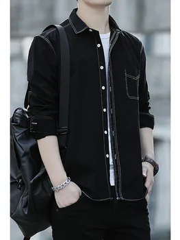 2021 Noul negru din bumbac tricou Japoneză chic tricou casual imitație denim spălare câmpia lungă maneca cămașă simplă cămașă de moda