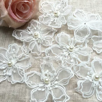 20buc/Lot organza Alb broderie tesatura dantelă patch-uri tapiterie haine 3D ștrasuri din Mărgele flori rochie de mireasa diy aplicatiile SM146