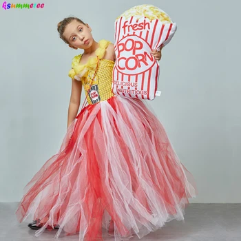 Adorabil Popcorn Inspirat Fete Rochie Tutu Rosu & Alb Tul Copii Zile De Nastere Halloween Dress Up Costum Copii De Flori Rochie De Minge
