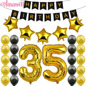 Amawill Aur Negru Kit 35-a Aniversare a Partidului Seturi de Decor Happy Birthday Banner 35 de Ani Anniversaire Consumabile Partid