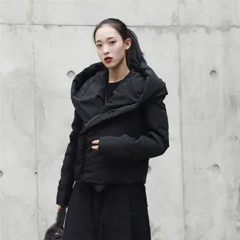 Cakucool Noua Jacheta De Iarna Pentru Femei Hanorac Japoneză Pălărie Mare Cu Fermoar Negru Scurt Parka Căptușeală De Bumbac Subțire Femme Haina Casaco Feminino