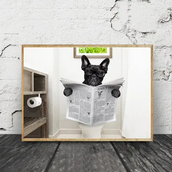 Câine amuzant Citind Ziarul Cavans Pictura Animal Toaletă Postere si Printuri de Arta de Perete Poza pentru Baie Decor Acasă Cuadros