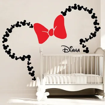 Disney Minnie Mouse urechile cu Arcul și Personalizate babay numele Mickey Mouse decalcomanii de perete Pepinieră Camera pentru Copii accesorii Decor