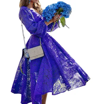 Femeie elegantă rochie din dantela de culoare albastru v-gât cu mâneci lungi de toamnă gol sexy rochie de sex feminin glezna lungime rochie de petrecere vestidos