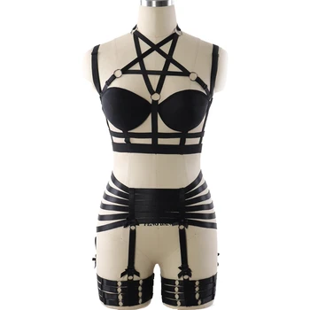 Femeile Cablaj caroserie Pentagrama Robie bralette Black Sexy Elastic Garter Belt Set regla Curea Lenjerie de Halloween Club de Dans Uzura