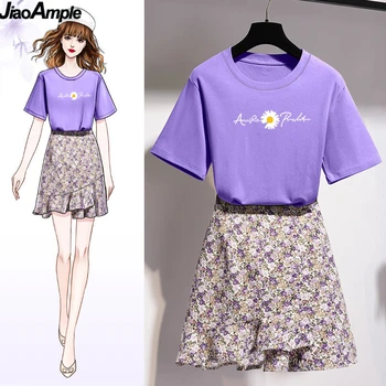 Fete coreene Dulce Daisy Print T-shirt, Fuste Set pentru Femei de Vară Confortabil din Bumbac, cu Maneci Scurte Rochie Mini Costum 2020 Îmbrăcăminte de Modă