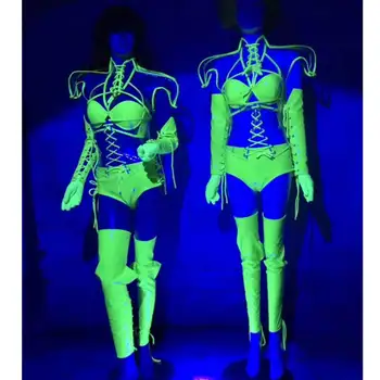 Fluorescente războinic femeie costum de scena seturi transparente bara de sus DJ DS GOGO pe scena show-ciucure Lung frizură