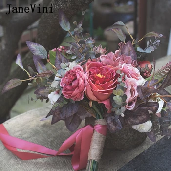 JaneVini Vintage Violet, Flori De Nunta Buchet Noi Mătase Artificială Trandafiri, Hortensie Mireasa Buchete De Domnisoara De Onoare Accesorii 2020