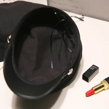 Moda din Piele PU Militare Palaria pentru Femei Solid Negru Bereta Capace Toamna Pălării de Marinar Flat Top de sex Feminin de Călătorie Cadet Pălăria Căpitan Capac