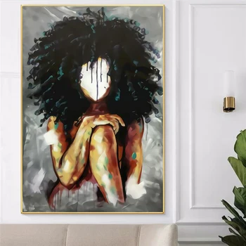 Negru African Femeie cu Păr Pufos Abstract Panza Pictura Postere și de Imprimare Arta de Perete de Imagine pentru Camera de zi Cuadros Decor Acasă