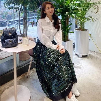 New sosire moda stil coreean seturi pentru femei de vara temperament lung o-linie fusta print și pierde tricoul alb set de două piese