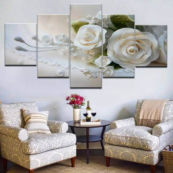 Panza HD Printuri de Imagini Modular de Perete Postere de Arta-Cadru 5 Bucăți Trandafiri Albi Flori Tablouri Pentru Living Decor Acasă