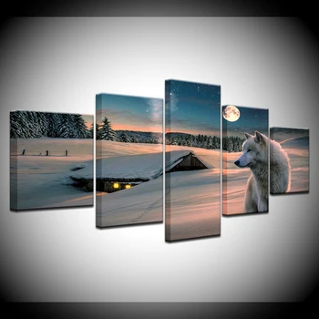 Panza Pictura lup Alb pe zăpadă noaptea de 5 Piese de Arta de Perete Pictura Modular imagini de Fundal Poster Print Decor Acasă