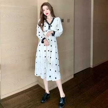 Rochie Eleganta Femei Midi Franceză Vintage Rochie De Partid De Sex Feminin Toamna Anului 2020 V-Neck Maneca Lunga Dot Casual Rochie Coreeană Doamnă Birou