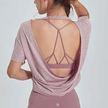 Sexy Spate Deschis Roz Yoga Top Vrac Se Potrivi Backless Sport Shirt Negru Antrenament Topuri Pentru Femei Moale Gym T Shirt