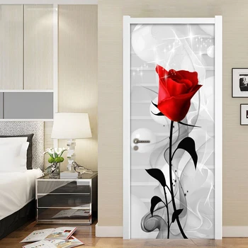 Trandafir rosu Floare Creative DIY Auto-adeziv Autocolant Usa Camera de zi Dormitor Baie Ușă Decor din PVC rezistent la apa pictură Murală